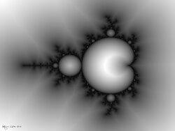 Mathematical artwork. A black and white picture of the Mandelbrot set fractal for a fine art print.