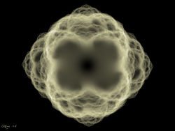 Math artwork design. Static 3, a fractal in shades of beige (dark background) for a print, made with a directed graph IFS.