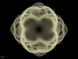 Math art. Static 3, a fractal (with ellipse detail) in shades of beige on a dark background, made with a directed graph IFS.