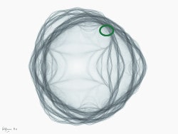 Fractal math art. Strings, an IFS fractal (with ellipse detail) in shades of grey, made with a 3-vertex directed graph IFS.