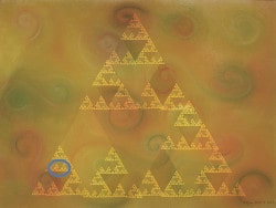 Math design. DGIFS5, a gold coloured image (with ellipse detail) a Sierpiński triangle fractal made with directed graph IFS.