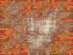 Fractal math art. DGIFS8b, a red and beige picture (with ellipse detail) a fractal made with a 5-vertex directed graph IFS.