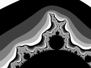 Black and white detail of the Mandelbrot set coloured using j = n mod P
