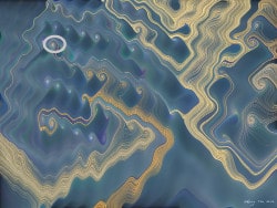 Abstract math artwork. Sand Flow, a blue and sand coloured image (with ellipse detail) created using trigonometric functions.