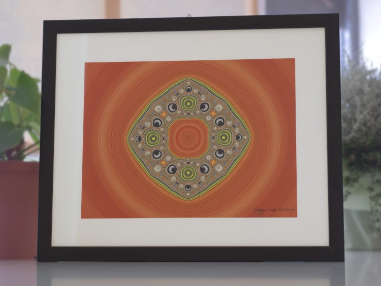 Abstract math and fractal art. An art print of the fractal Crescents (red background) a Sierpiński curve Julia (and Fatou) set.