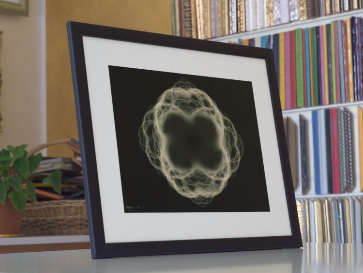 A print of the fractal Static 3, in shades of beige on a dark background, math art and design made with a directed graph IFS.