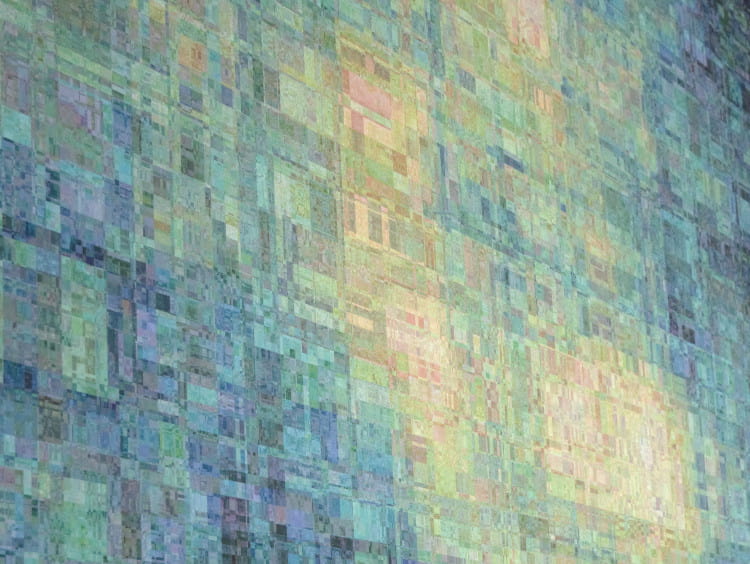 Mathematical artwork. A close-up of a canvas print of the picture Light on a Lake, a fractal made with a directed graph IFS.