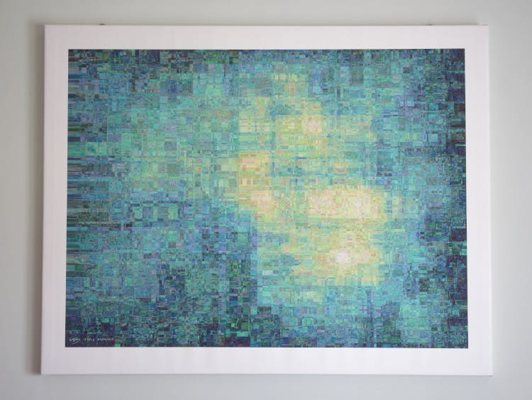 A wide shot of a canvas fine art print of the image Light on a Lake, math and fractal art made with a directed graph IFS.