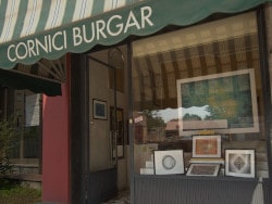 Mathematical art. Fine art prints of mathematical art and fractals in a shop window.