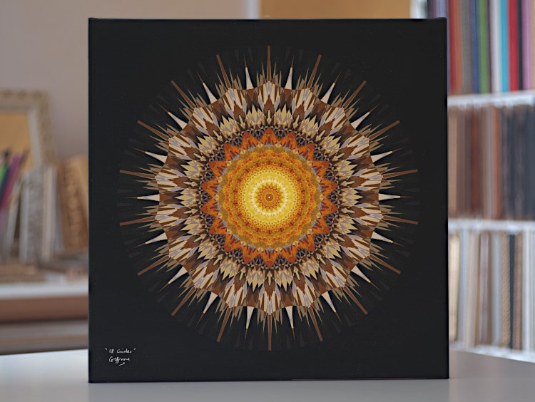 A fine art print on canvas of 18 Circles, a geometrical image made with non-Euclidean (Möbius) maps of the unit disk.
