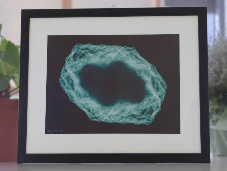 A fine art print of the fractal Static 2 (light green on a dark background) abstract math art made with a directed graph IFS.