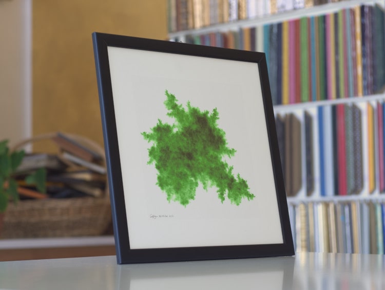 Math art design. A print of the IFS fractal DGIFS7d in shades of green on a white background, made with a directed graph IFS.
