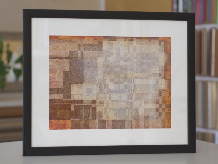 A fine art print of the red and beige IFS fractal Intersection, math art and design made with a 5-vertex directed graph IFS.