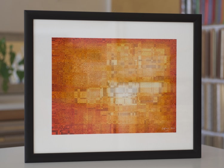 A fine art print of the red and gold image Red City, mathematical and fractal artwork made with a 5-vertex directed graph IFS.