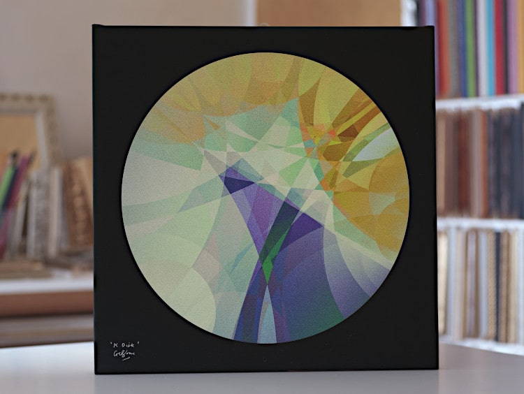 A fine art print on canvas of the picture K Disk, mathematical art made using non-Euclidean (Möbius) maps of the unit disk.