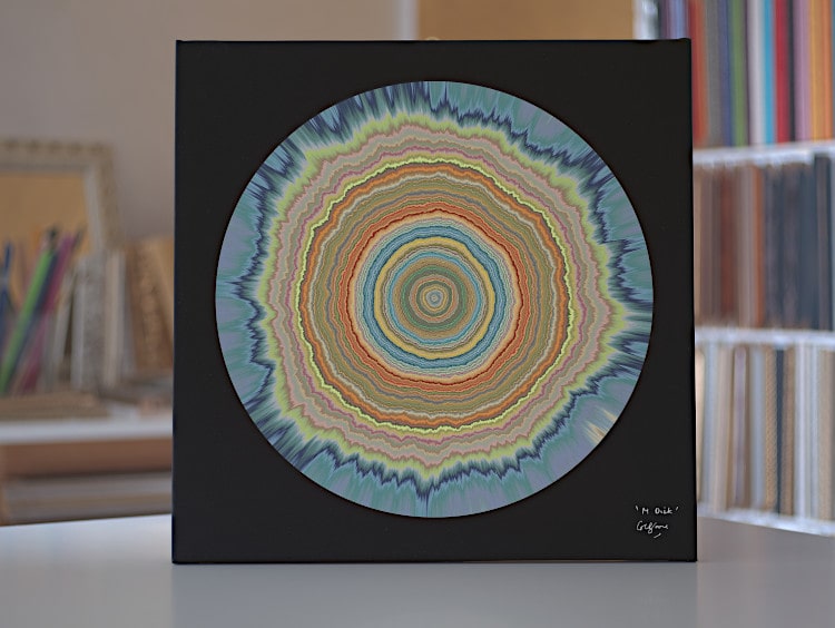 A canvas print of the fractal image of quasi-circles M Disk, made using non-Euclidean (Möbius) maps of the unit disk