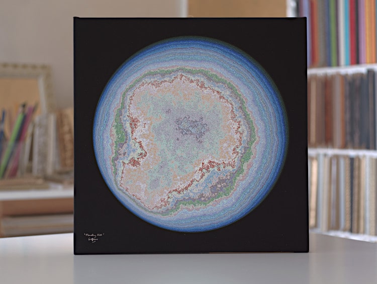 A fine art print on canvas of the fractal Planetary Disk, made using a directed graph IFS with Möbius maps of the unit disk.